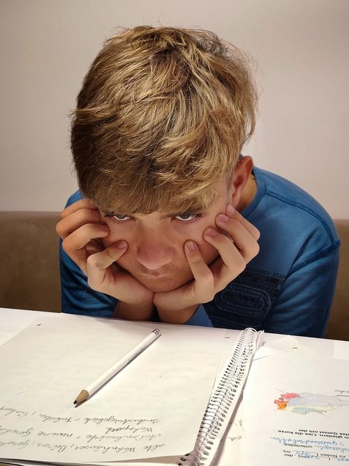 A young boy cradling his head in his hands, clearly frustrated, with a sheet of paper in front of him and having written few words on it.  From https://www.needpix.com/photo/download/1758180/students-learn-education-study-children-books-person-literature-read