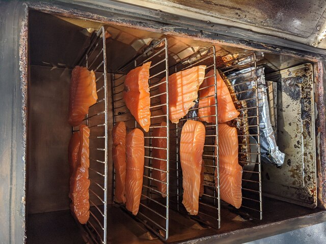 Beautiful salmon filets in the smoker