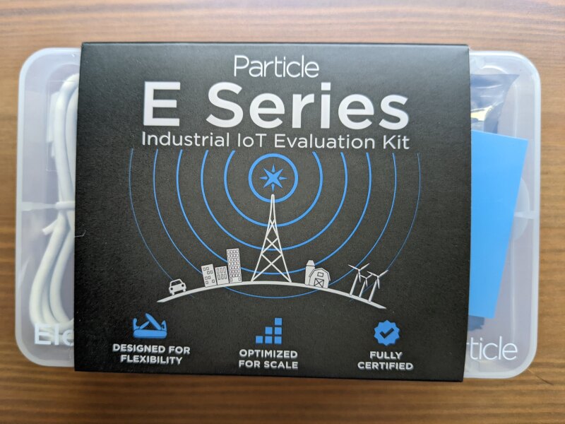 The Particle E Series Evaluation Kit with EtherSIM, as received.  A very nice looking professional little plastic box with parts.