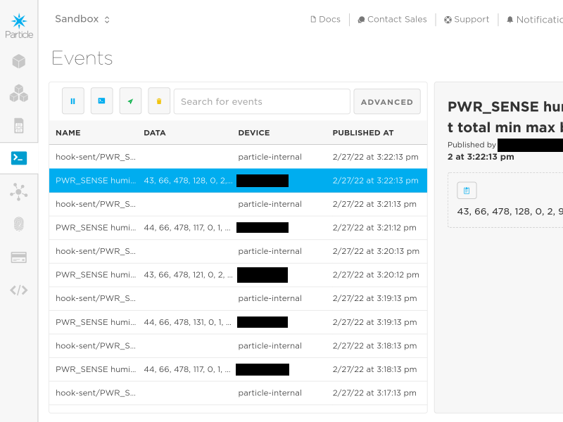 Particle's events list page, displaying several recent events from the device, and the associated data.