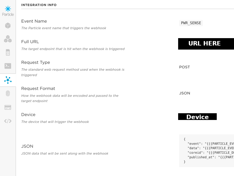 Particle's webhook page configured to send a POST to a remote URL.