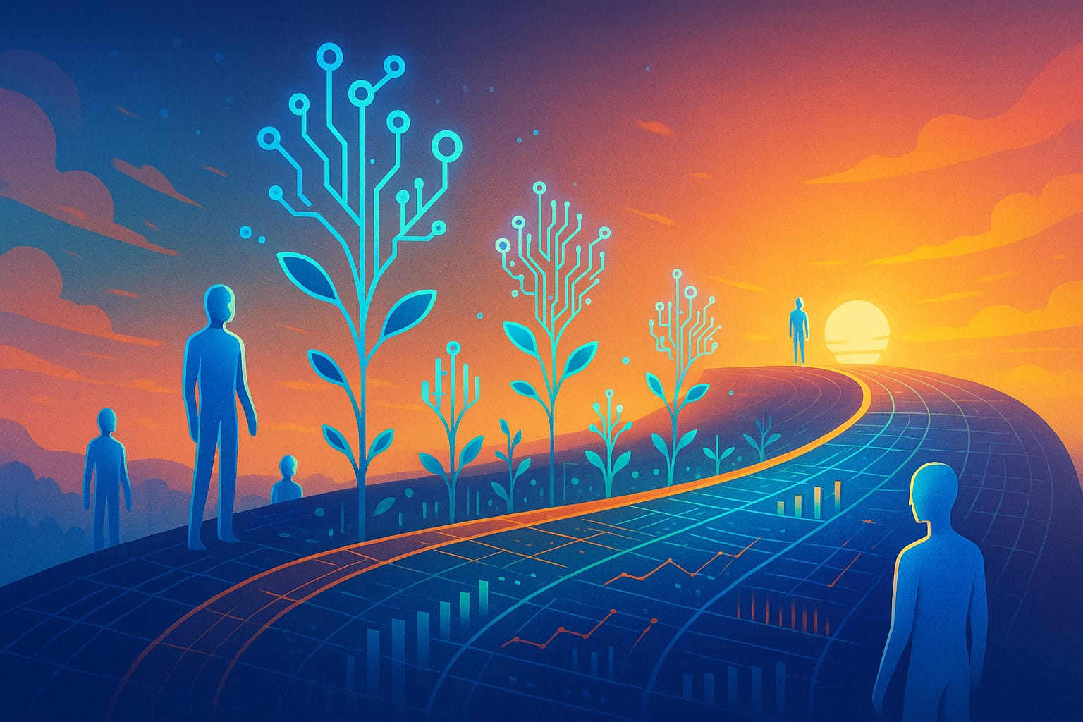 Human figures standing along a data-graph style road with organic data trees growing from it.