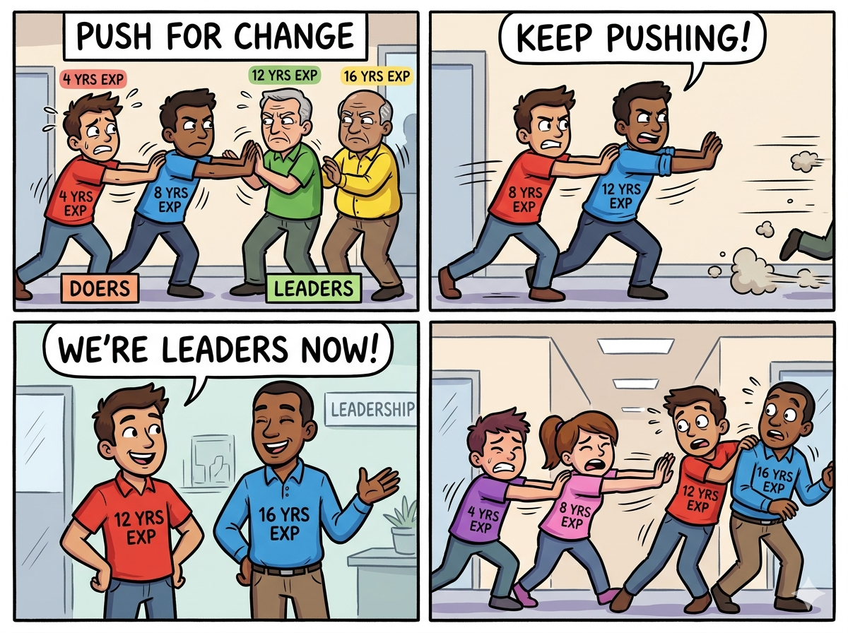 A comic depicting personnel pushing for change against entrenched leadership, right up until they find themselves as the entrenched leadership.